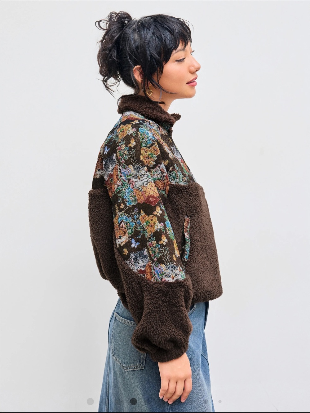 Cider Brown Floral Cat Sherpa Pull-On Jacket - Picture 4 of 8